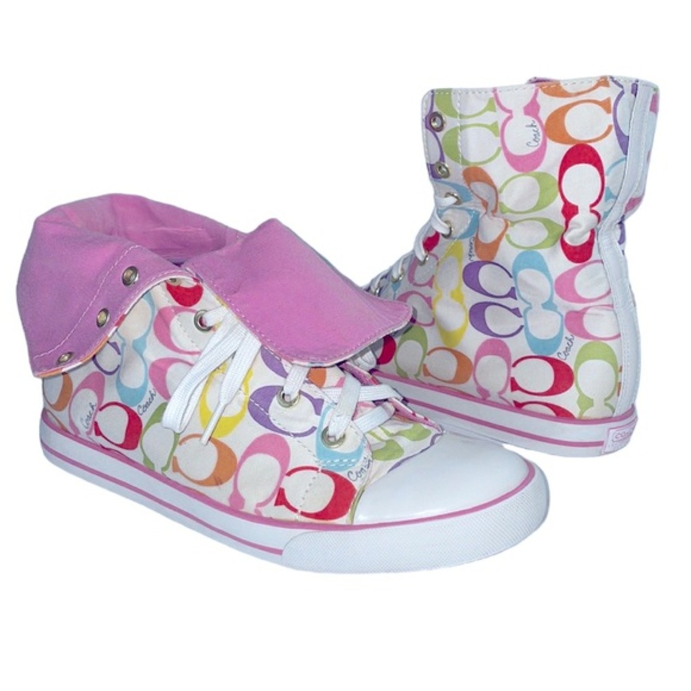 Coach‎ Bonney women’s 9.5 signature rainbow fold over cuff high top sneaker. EUC